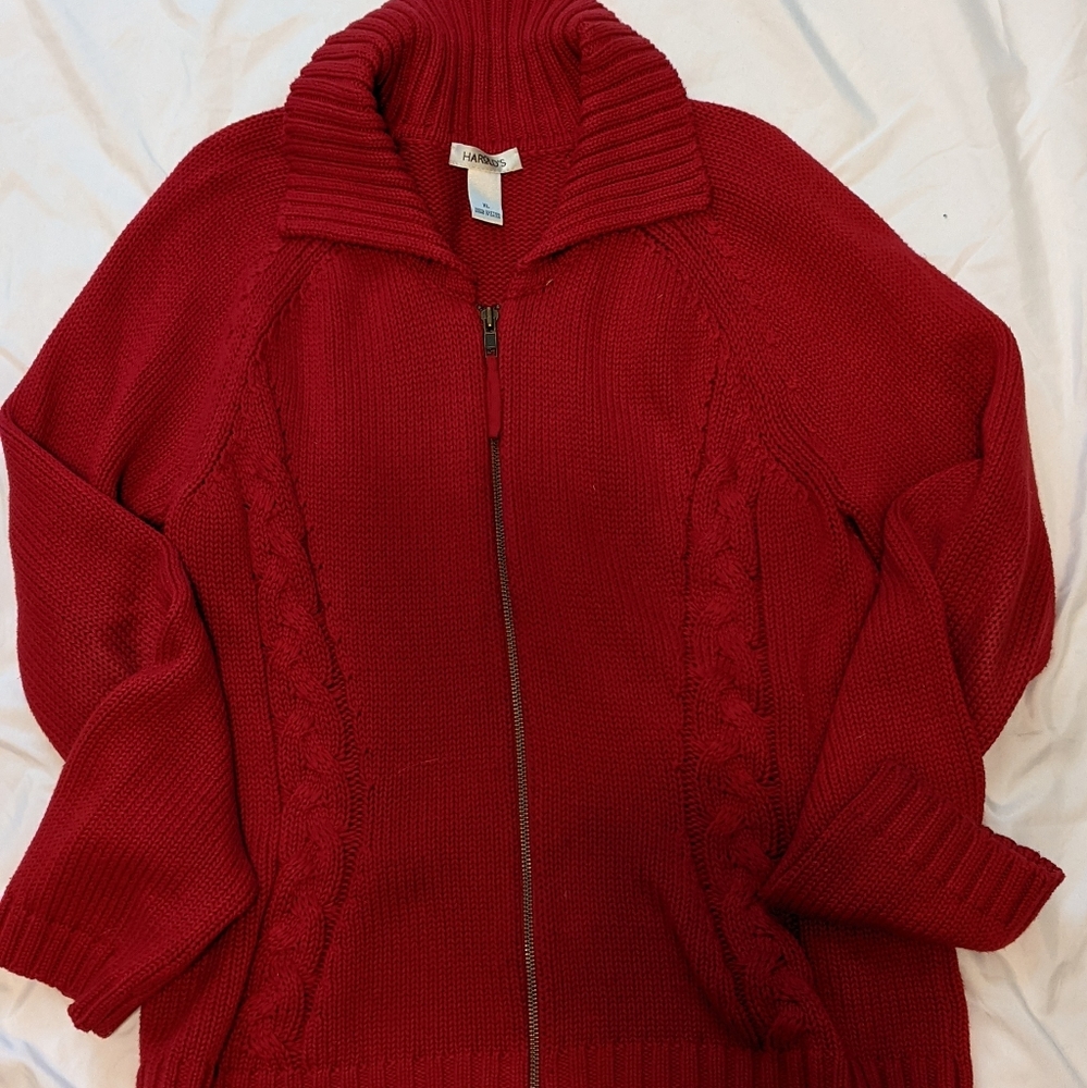 VTG Harold Cable Knit Sweater Womens Large Red Full Zip 100% Cotton.￼